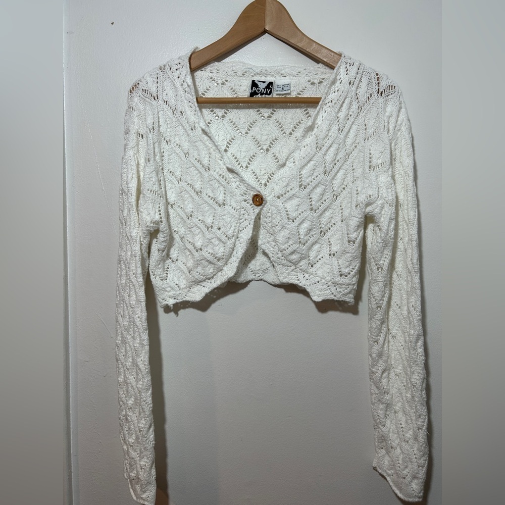 White Cropped Knit Cardigan Sweater - 100% Cotton